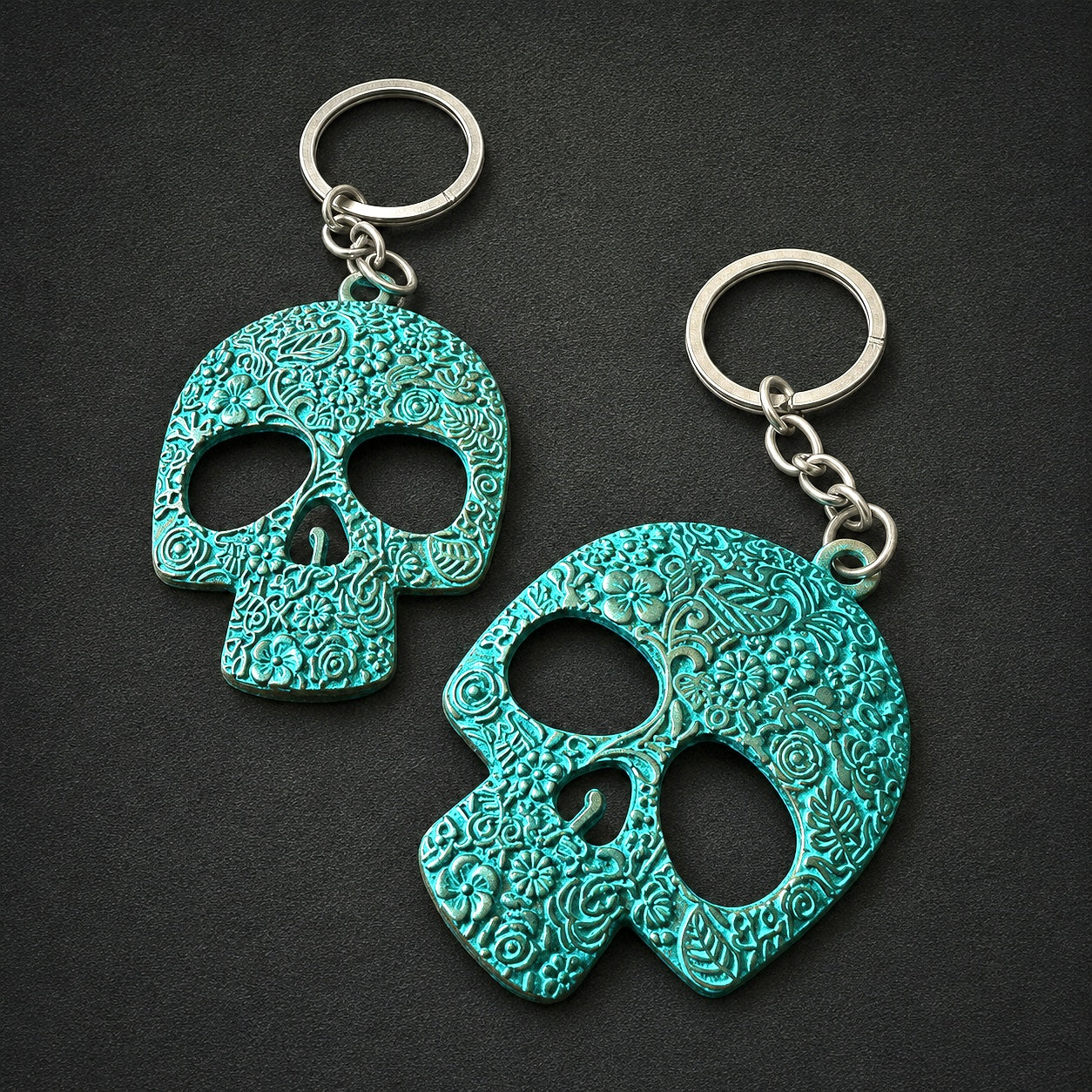 Verdigris Patina Skull Keychain